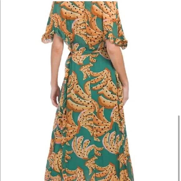 FARM RIO Dress. Green Raining Bananas Maxi Wrap Dress, Size XS, New - Picture 6 of 7